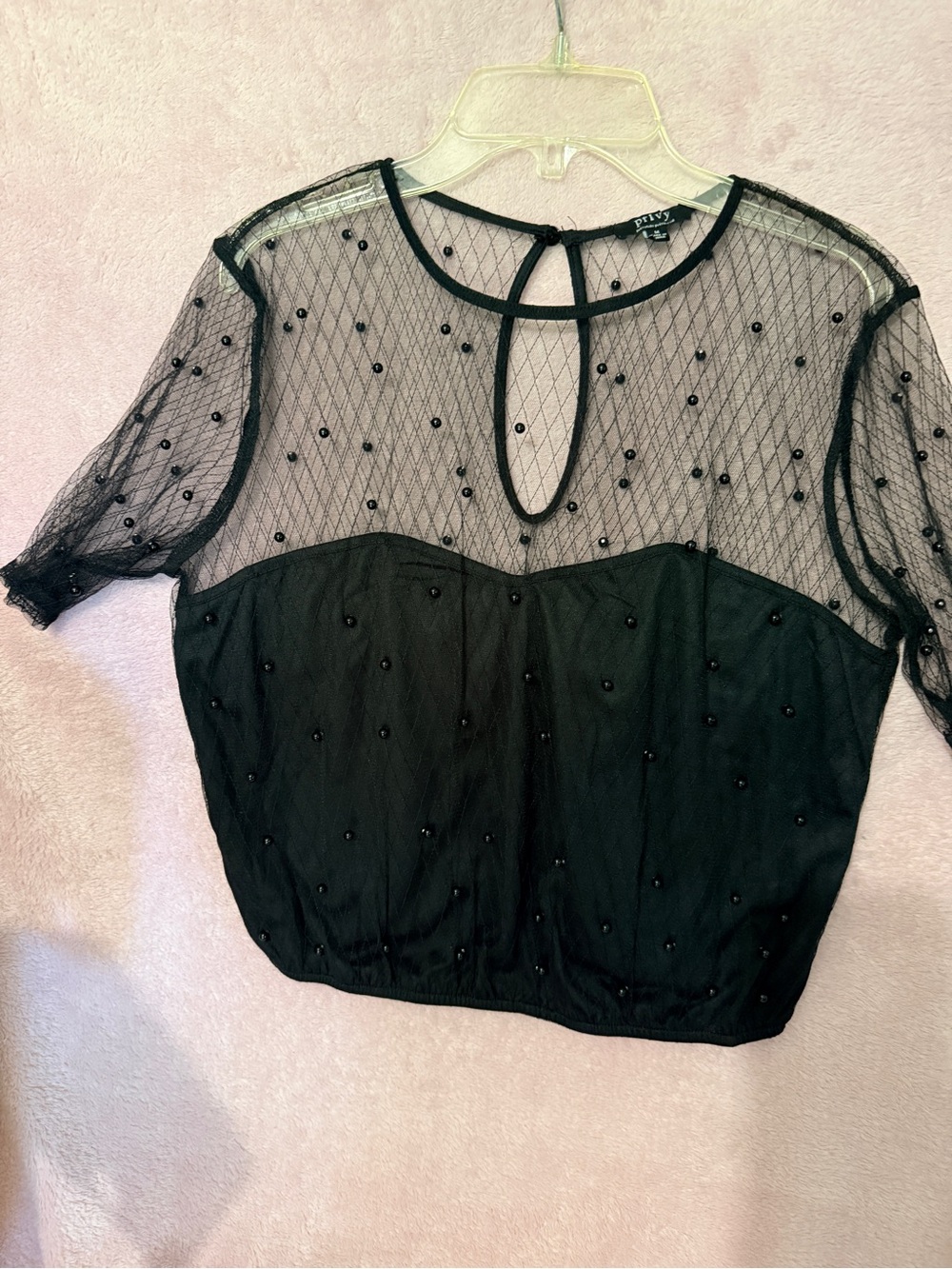 privy Black Sheer Beaded Mesh Blouse